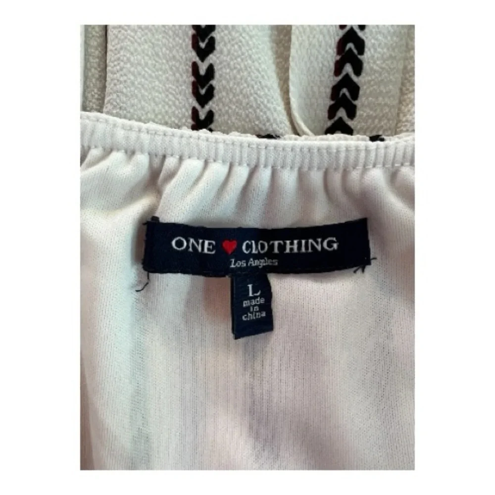 EUC One Clothing ivory & brown striped wide leg jumpsuit w/ belt | size large - Picture 11 of 12